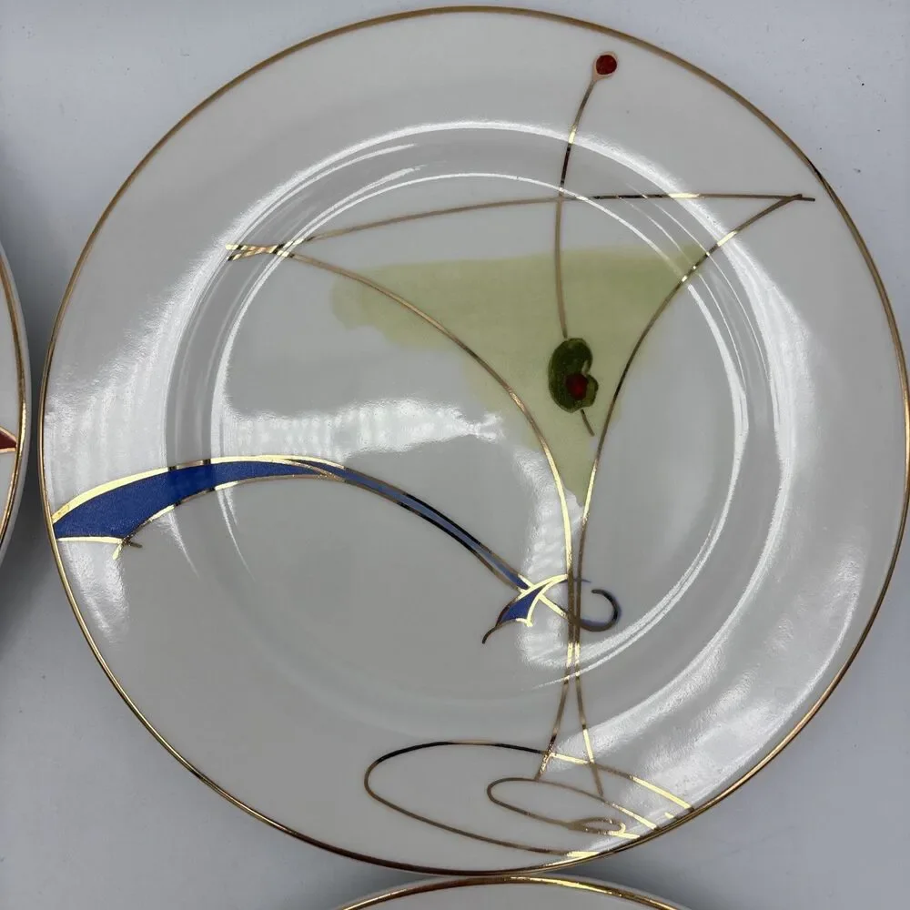 Pier 1 Imports Martini Glass Appetizer Salad Plates Set of 4 Gold Rim 7.5